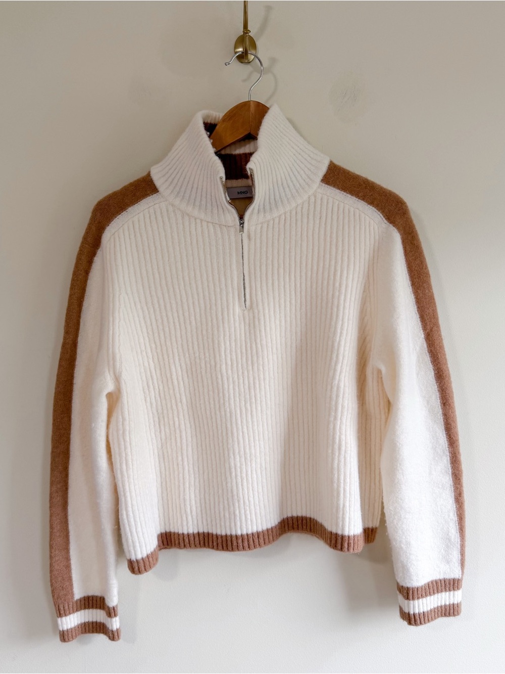 Mango Cream and Brown Half-Zip Ribbed Sweater